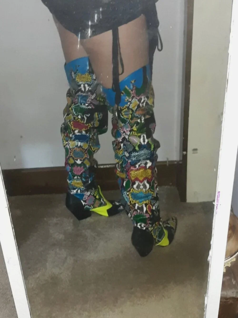 Thigh high multi color faux snake skin boots